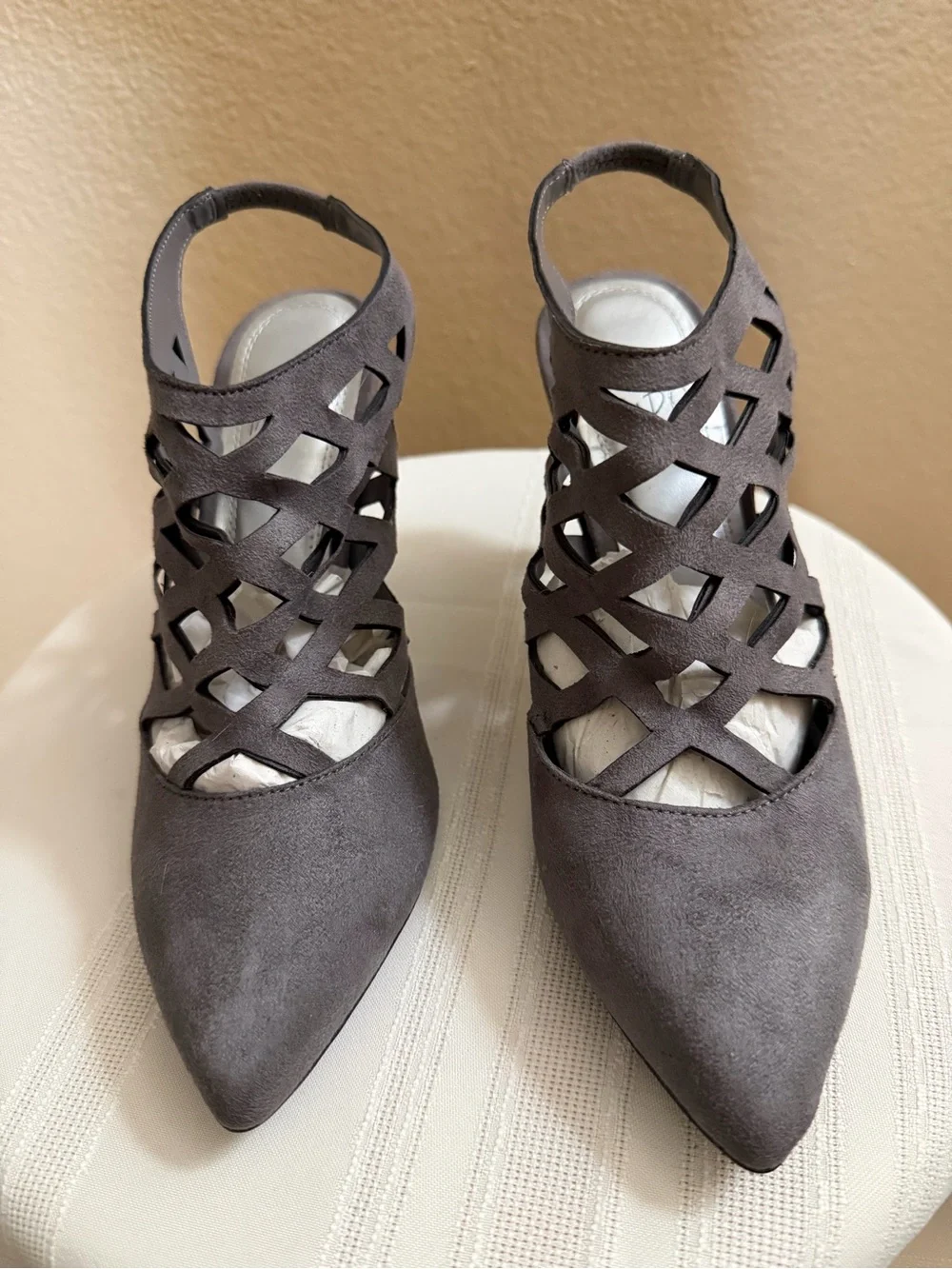 Impo Pointed Cage Slingback Heels in gray